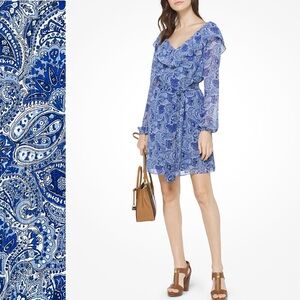 MICHAEL KORS Chiffon Paisley Metallic Blue Dress Long Sleeve Ruffle V-Ne…